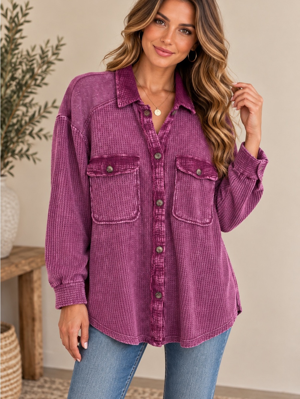 Briggs berry Waffle Knit Button Down Shacket Oversized Casual Boho Top